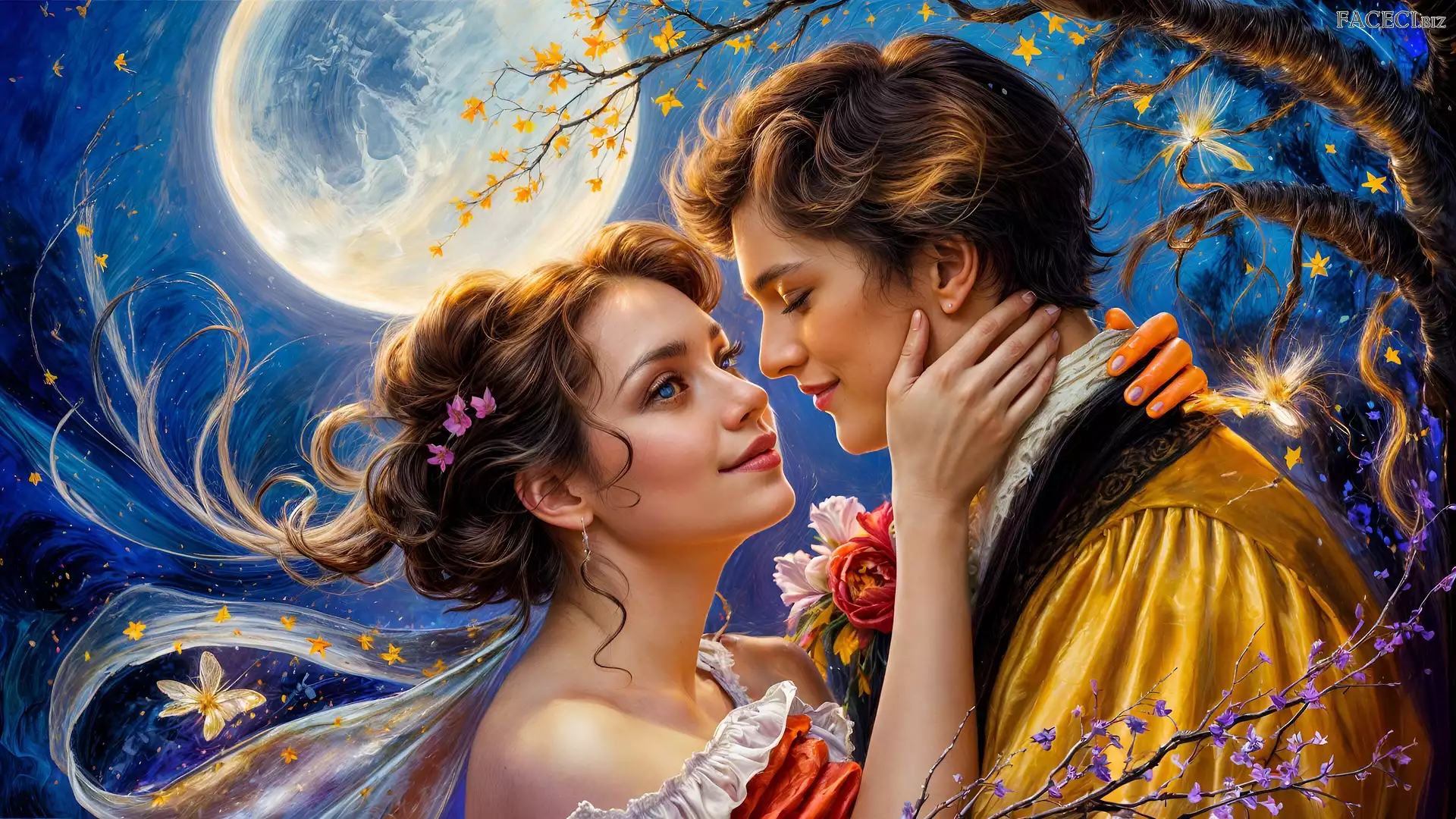 Pełnia. Grafika, Zakochani, Kobieta, Mężczyzna, Drzewo, Księżyc