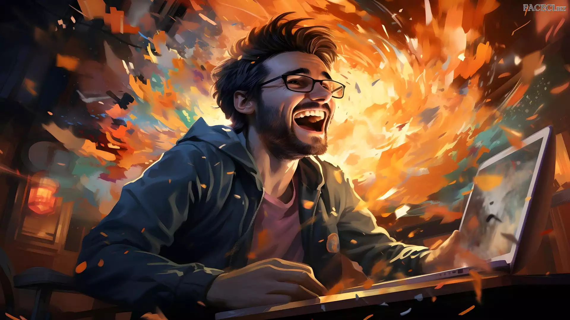 Mężczyzna, Uśmiech, Grafika, Laptop