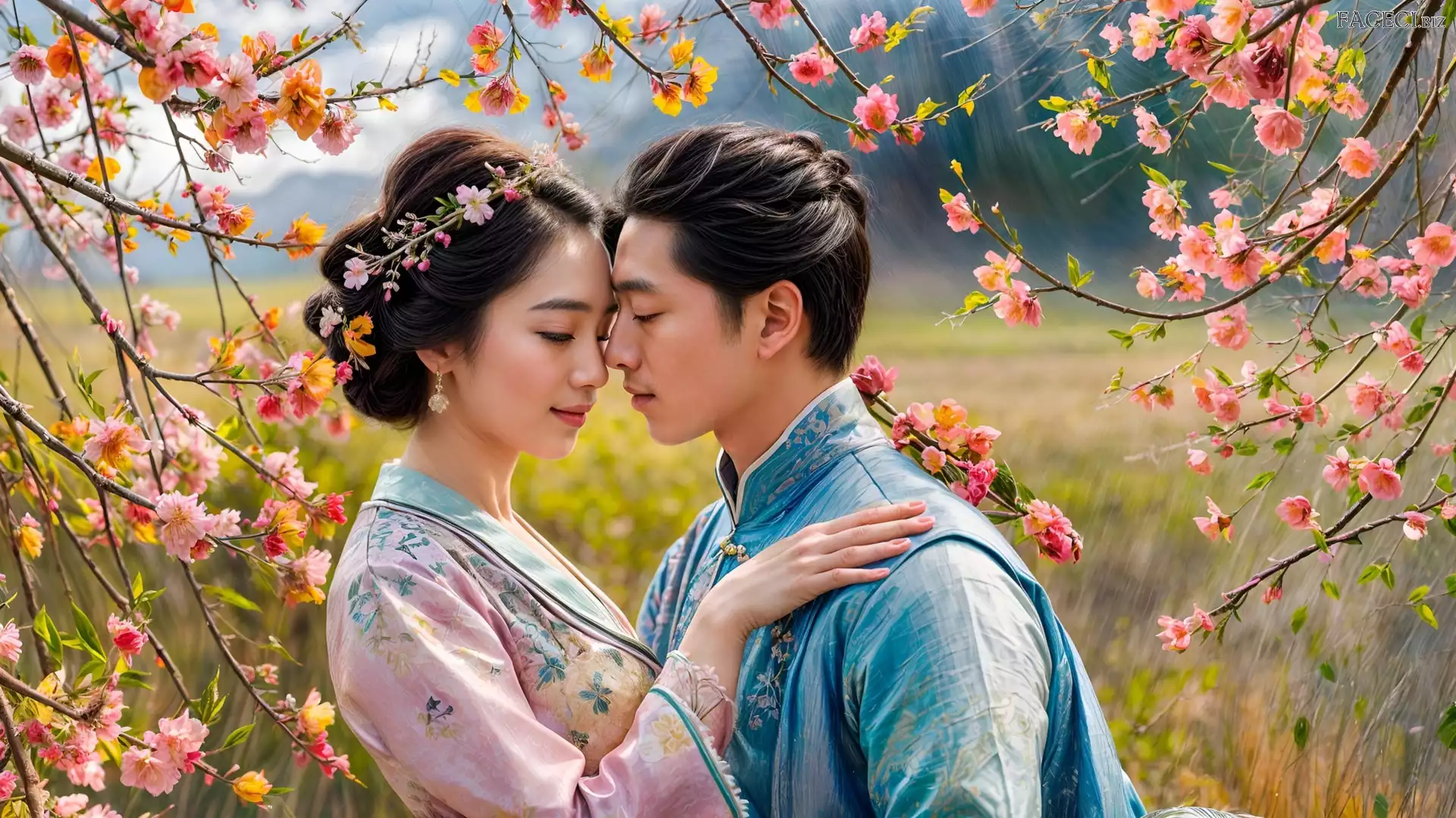 Zakochani, Azjaci, Kobieta, Mężczyzna, Kwiaty, Gałęzie