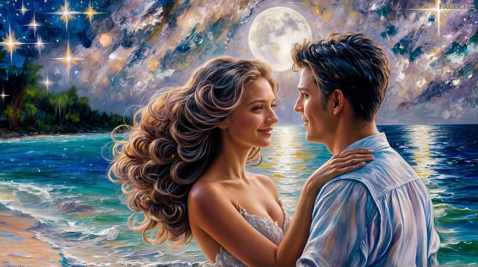 Księżyc, Morze, Grafika, Kobieta, Mężczyzna