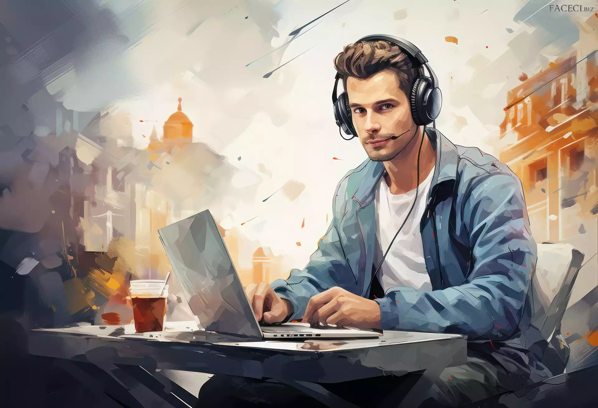 Mężczyzna, Laptop, Grafika, Słuchawki